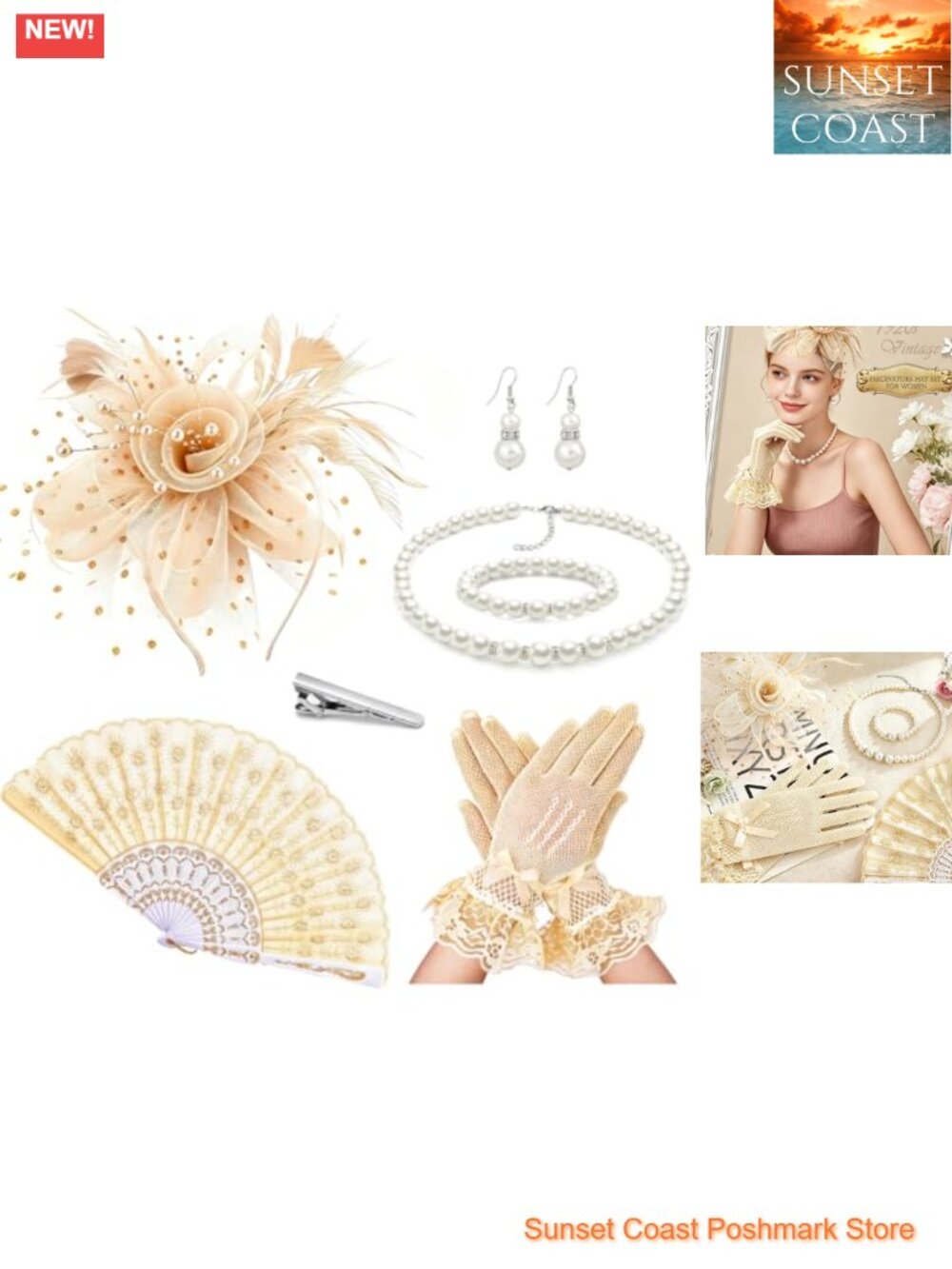 7 Pc Tea Party Fascinator Hat Set Polka Dot Tulle Faux Pearl Lace Gloves